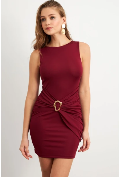 Kadın Bordo Toka Detaylı Büzgülü Mini Elbise KED2365