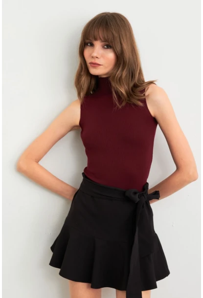 Kadın Bordo Triko Kolsuz Bluz YV305