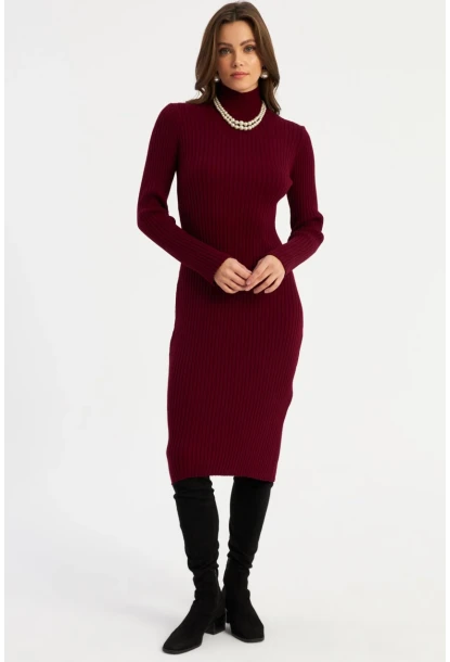 Kadın Bordo Triko Midi Elbise YV303