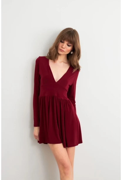 Kadın Bordo V Yaka Mini Elbise LİK17