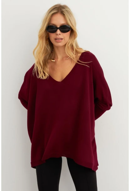 Kadın Bordo V Yaka Salaş Bluz YV304
