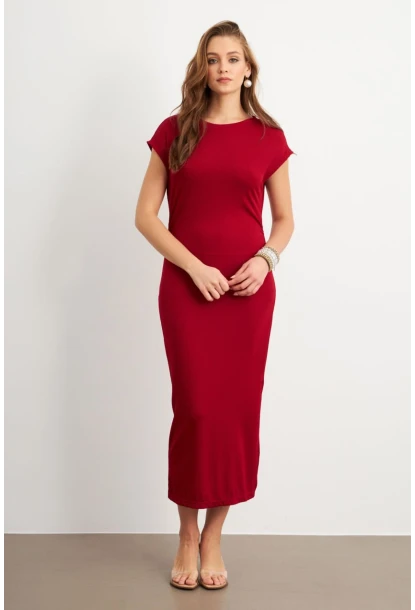 Kadın Bordo Yanları Büzgülü Midi Elbise MK35