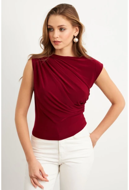 Kadın Bordo Yarım Balıkçı Desenli Bluz LPP1205