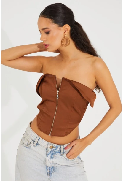 Kadın Bronz Fermuarlı Straplez Crop Bluz SF2502