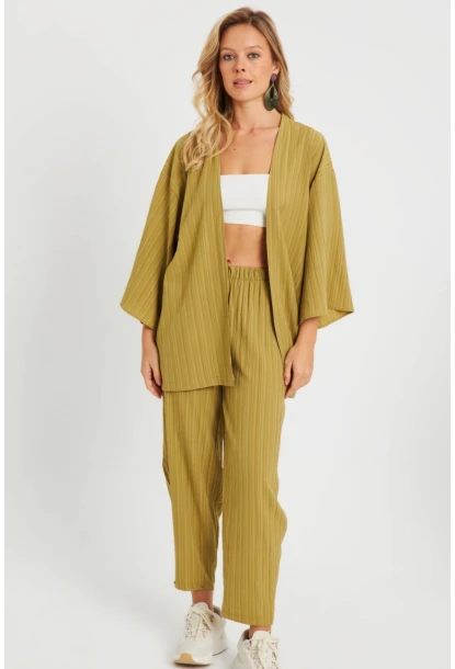 Kadın Bürümcük Kimono Takım Haki Q983