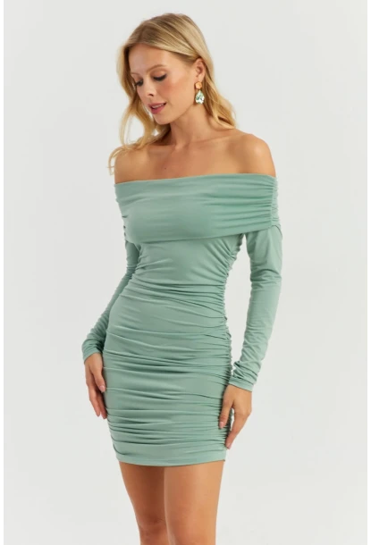 Kadın Çağla Yeşili Büzgülü Madonna Mini Elbise MON1118