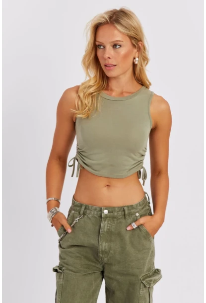 Kadın Çağla Yeşili Yanları Bağcıklı Kolsuz Bluz MK05