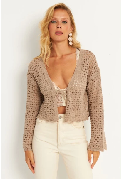 Kadın Camel Ajurlu Triko Hırka YV248