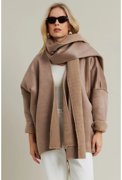 Kadın Camel Atkılı İçi Peluş Premium Ceket SE5