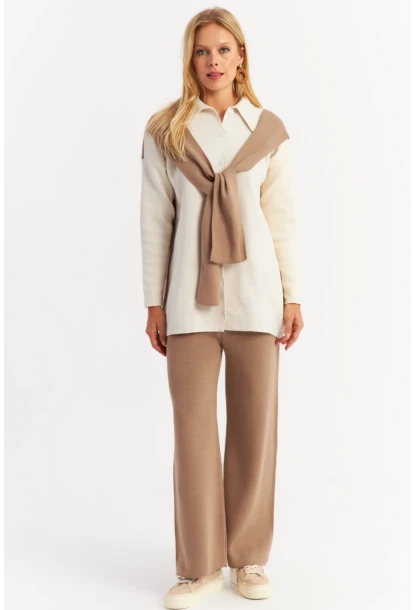 Kadın Camel Atkılı Triko Hırka Alt Üst Takım NUV20