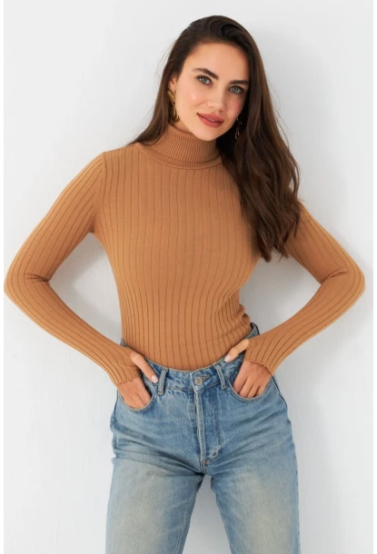 Kadın Camel Balıkçı Yaka Triko Bluz YV102-90