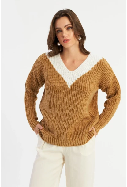 Kadın Camel-Beyaz V Yaka Triko Kazak SMT2434