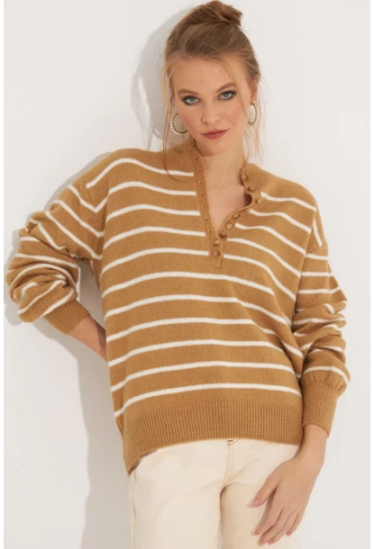 Kadın Camel Çizgili Triko Kazak SMT219