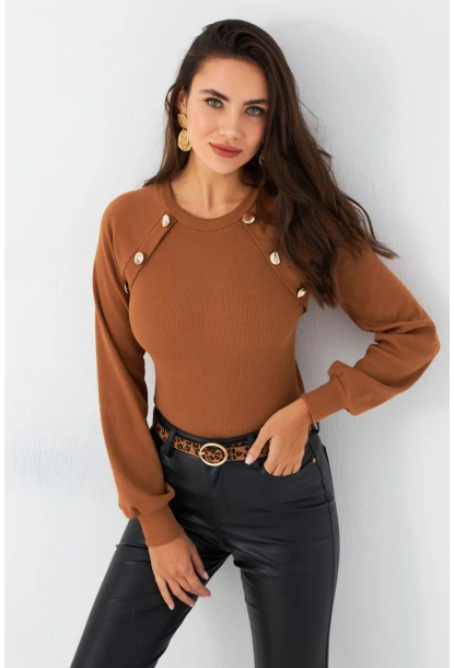 Kadın Camel Düğme Aksesuarlı Kaşkorse Bluz MEY2946