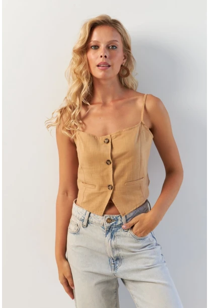 Kadın Camel Düğmeli İp Askılı Yelek MP20153