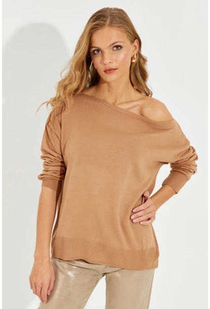 Kadın Camel Düşük Omuz Triko Bluz YZ617