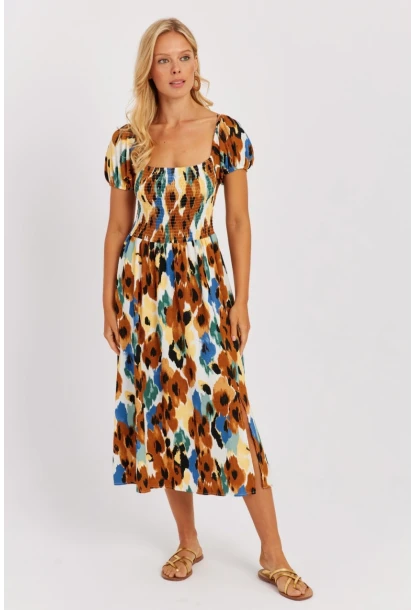 Kadın Camel Gipeli Desenli Midi Elbise MON126