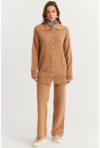 Kadın Camel İnci Düğmeli Hırka Triko Alt Üst Takım NUV26