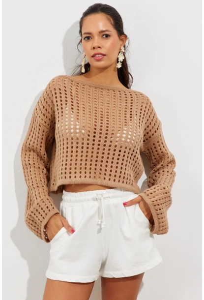 Kadın Camel İspanyol Kol Ajurlu Triko Kısa Bluz SMT181