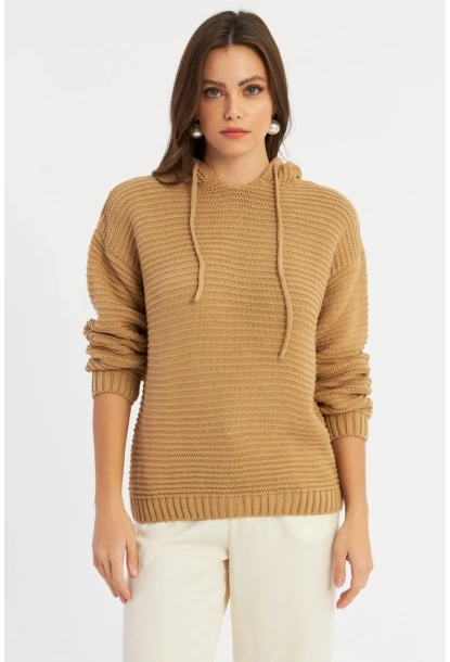 Kadın Camel Kapüşonlu Triko Bluz SMT2419