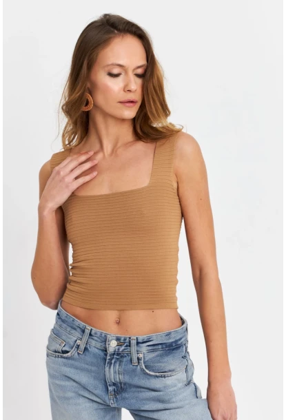 Kadın Camel Kare Yaka Triko Bluz SE8