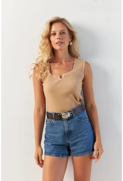 Kadın Camel Kare Yaka Triko Bluz SMT243