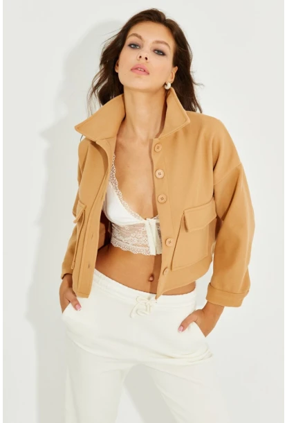 Kadın Camel Kaşe Cepli Kısa Ceket PP2444