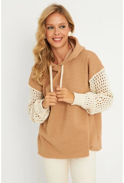 Kadın Camel Kolları Ajurlu Kapüşonlu Sweatshirt YLE12
