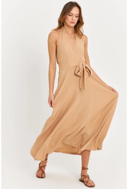 Kadın Camel Kruvaze Bürümcük Maxi Elbise EY3053