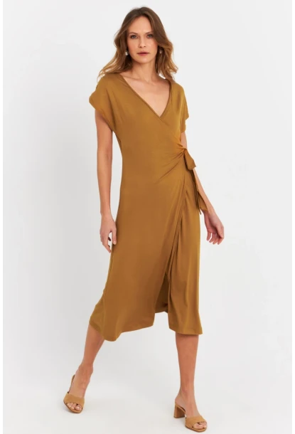 Kadın Camel Kruvaze Midi Elbise EY3044
