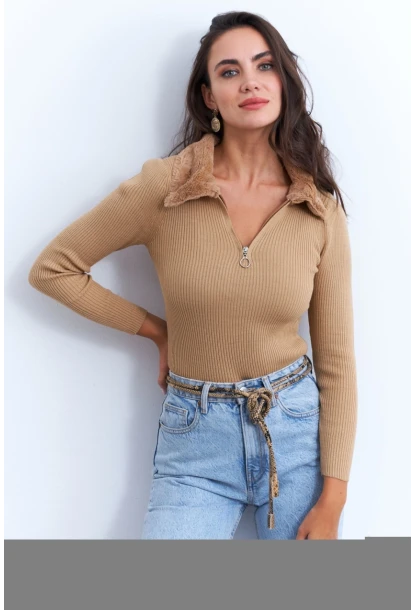 Kadın Camel Kürk Yaka Bluz ELA115