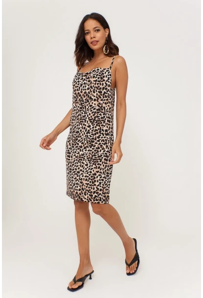 Kadın Camel Leopar Desenli Degaje Yaka Elbise LPP1130