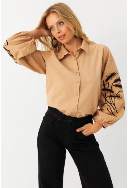 Kadın Camel Nakışlı Balon Kol Gömlek MQS5603
