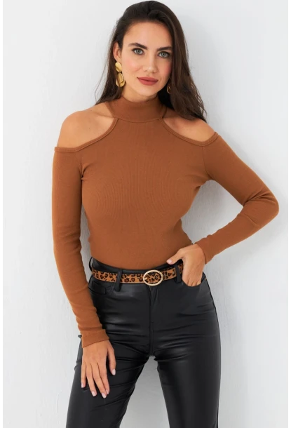 Kadın Camel Omuzları Açık Kaşkorse Bluz EY2590