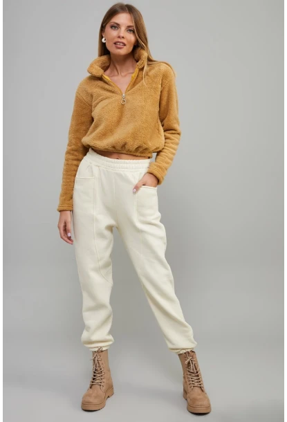 Kadın Camel Önü Fermuarlı Crop Peluş Sweatshirt DA85