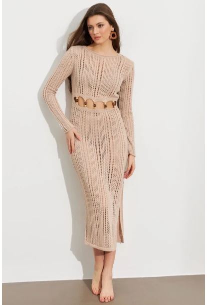 Kadın Camel Önü Pencereli Ajurlu Plaj Elbisesi KZ545