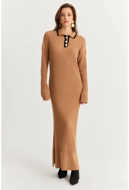 Kadın Camel Polo Yaka Triko Maxi Elbise MNUV17