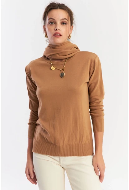 Kadın Camel Şal Aksesuarlı Triko Bluz YV286