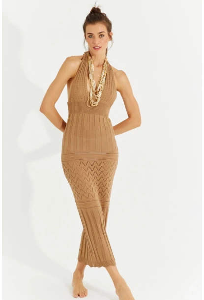 Kadın Camel Sırtı Açık Triko Maxi Elbise SF2505