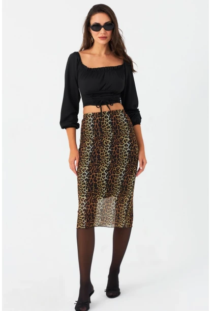 Kadın Camel-Siyah Astarlı Desenli Tül Etek CG391