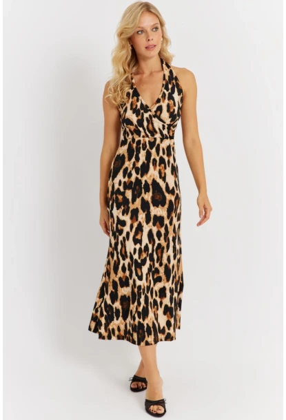 Kadın Camel-Siyah Boyun Bağlamalı Leopar Desenli Midi Elbise EY2897