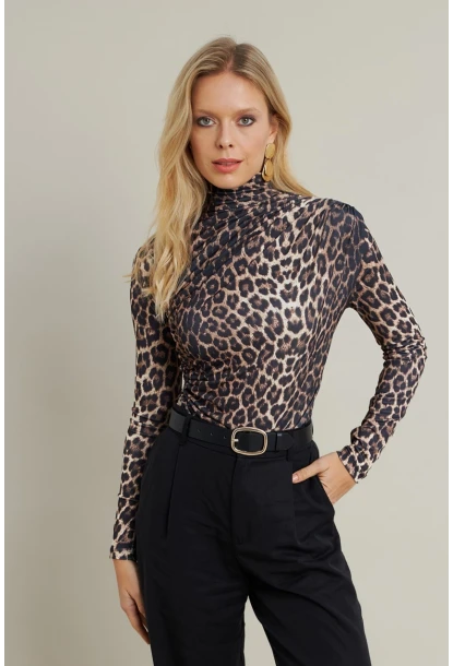 Kadın Camel-Siyah Büzgülü Desenli Bluz MDMR358-1