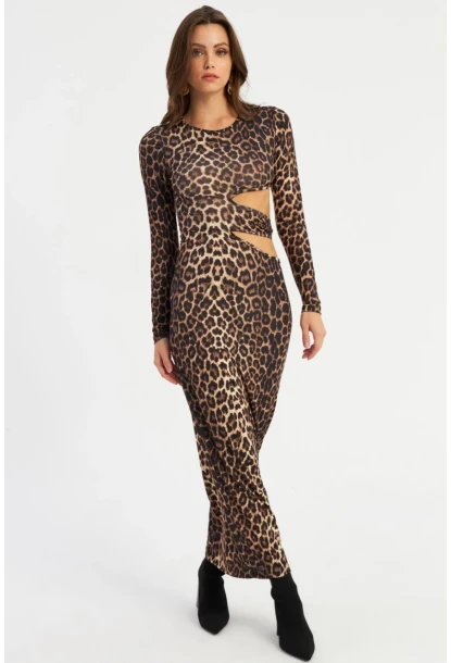 Kadın Camel-Siyah Dekolteli Leopar Maxi Yılbaşı Elbise LİK9