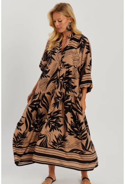 Kadın Camel-Siyah Desenli Salaş Maxi Elbise GÇ166