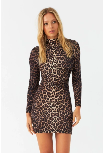 Kadın Camel-Siyah Drapeli Mini Leopar Elbise DMR386