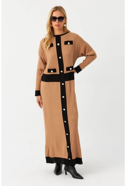 Kadın Camel-Siyah Düğme Detaylı Maxi Elbise MTC3201