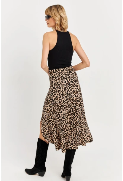 Kadın Camel-Siyah Fırfırlı Asimetrik Leopar Midi Etek LON3011