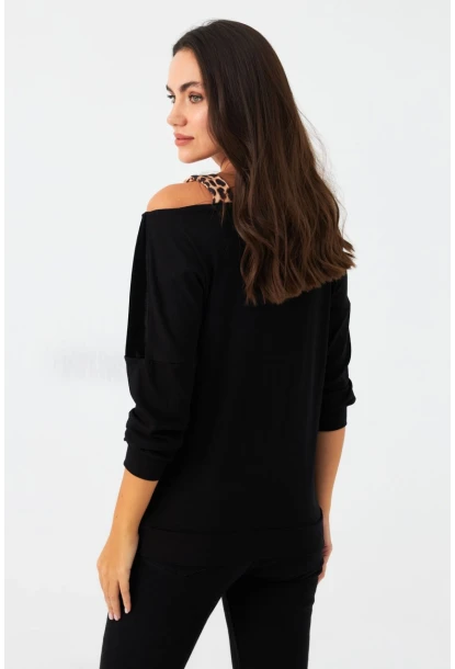 Kadın Camel-Siyah Kadife Bloklu Leopar Desenli Sweatshirt ST097