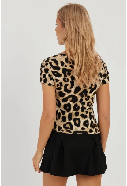 Kadın Camel-Siyah Kare Yaka Leopar Desenli Bluz LPP1258