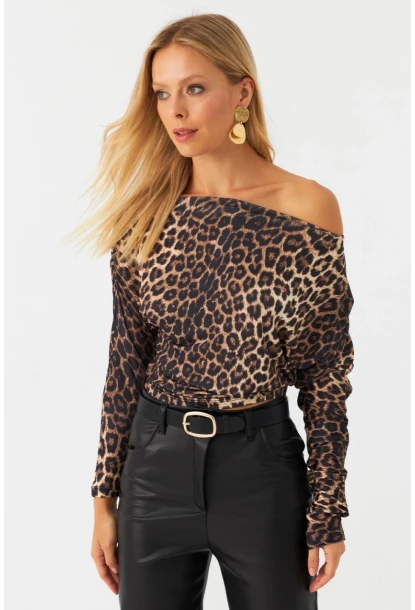 Kadın Camel-Siyah Kayık Yaka Leopar Bluz DMR382-1